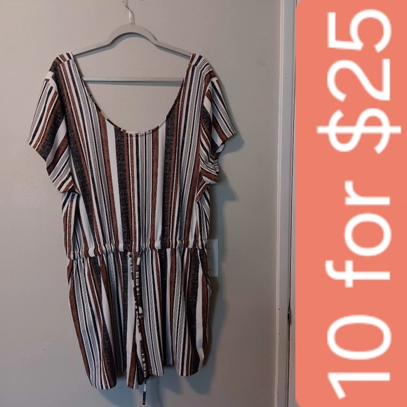 Derek Pants - Striped Scoop Neck Romper in White, Brown & Black